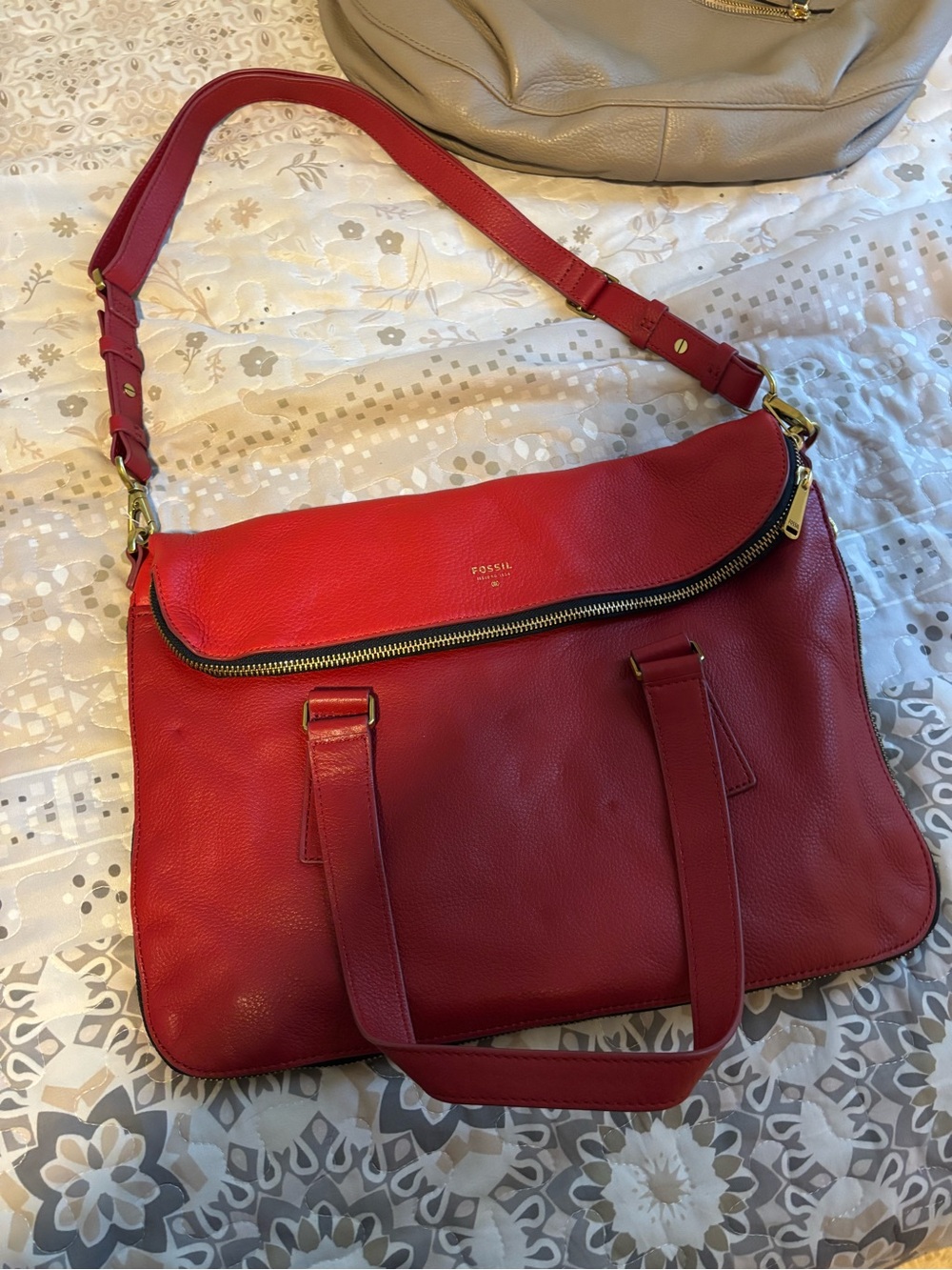 Fossil Red Leather Shoulder/Crossbody Convertible Bag